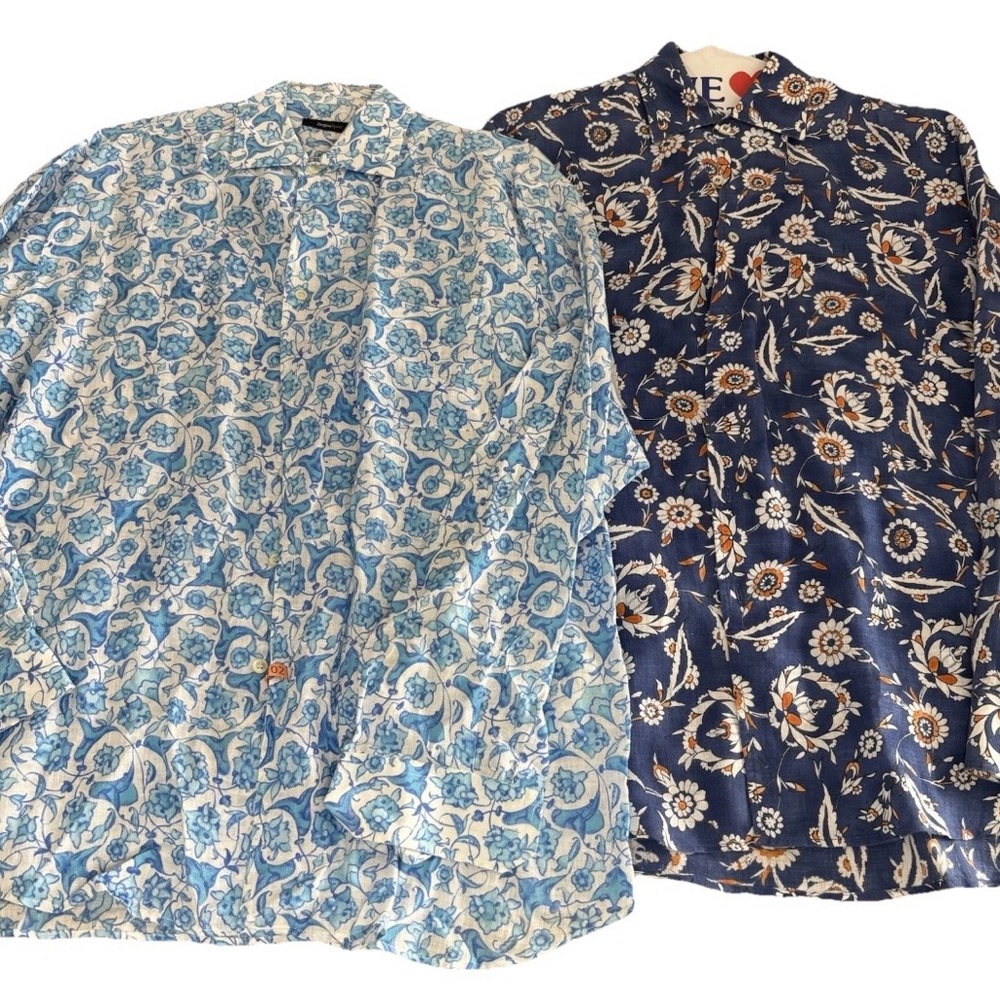 Lot (2) Zegna Sport Linen Long Sleeve Floral Button Down Shirt Size Men's XL